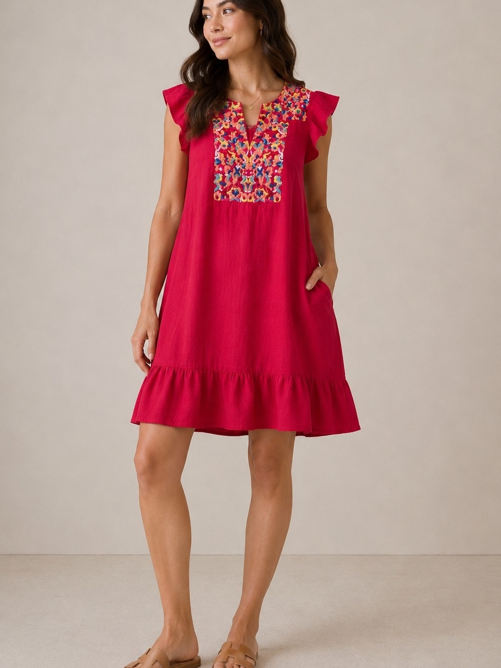 Kirundo Women's Mexican Style Embroidered Flutter Sleeve Dress Fuchsia Sz Large